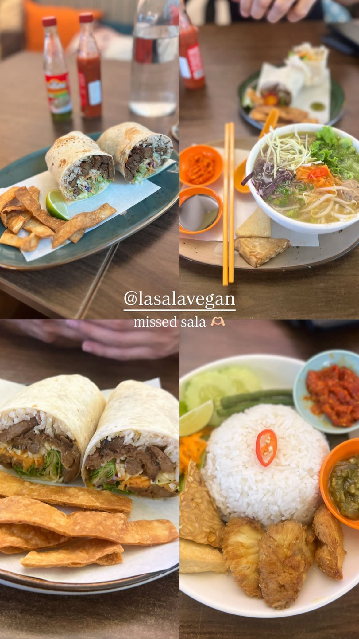 Sala Vegan dishes including burritos, laksa, and nasi lemak