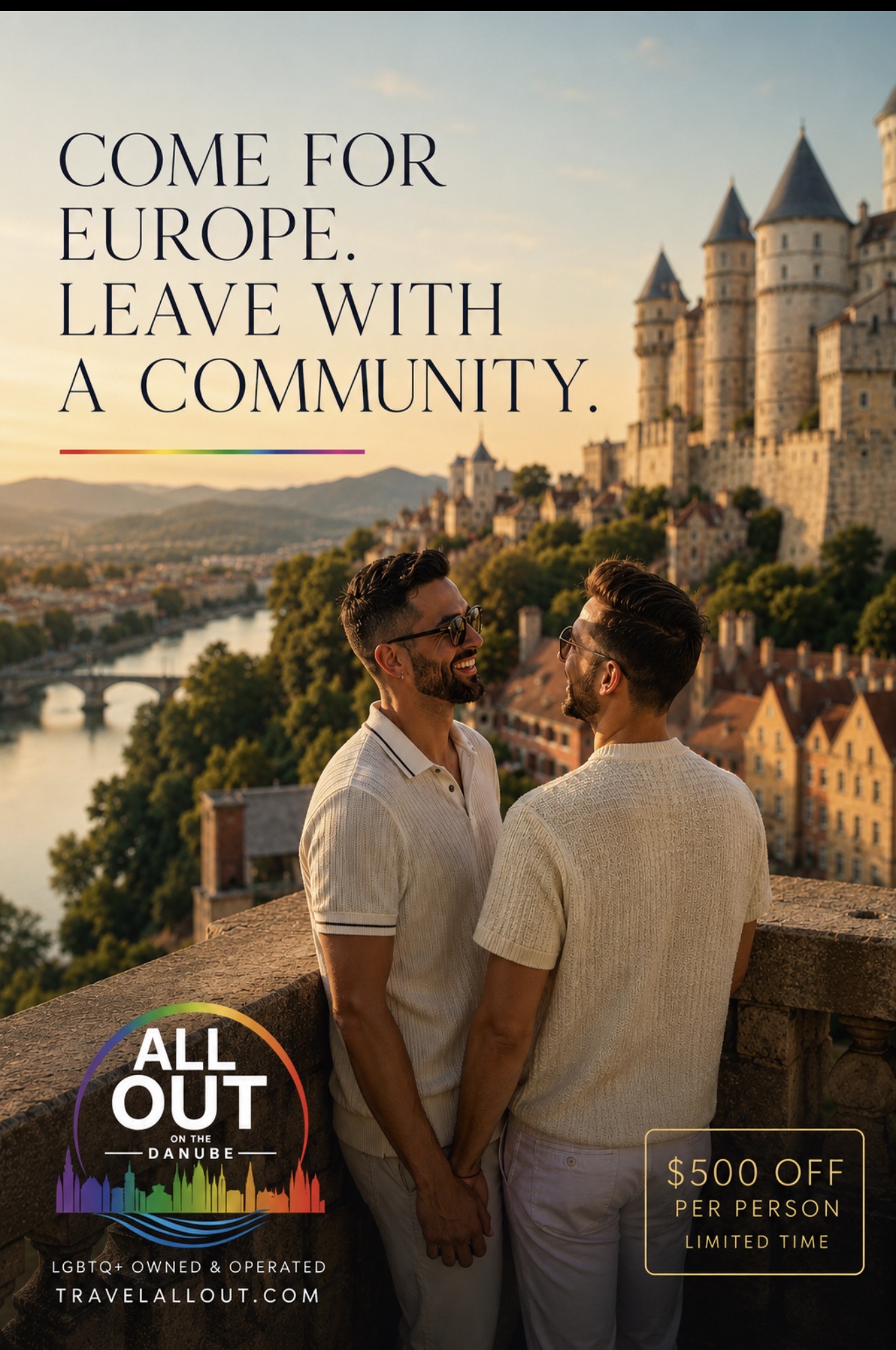 Two men holding hands overlooking the Danube with a castle in the background