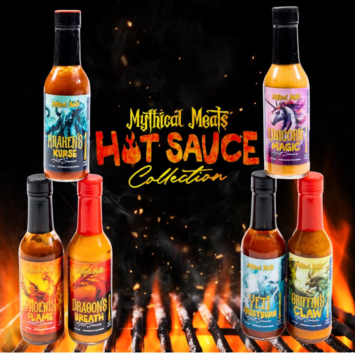 Mythical Meats hot sauce collection